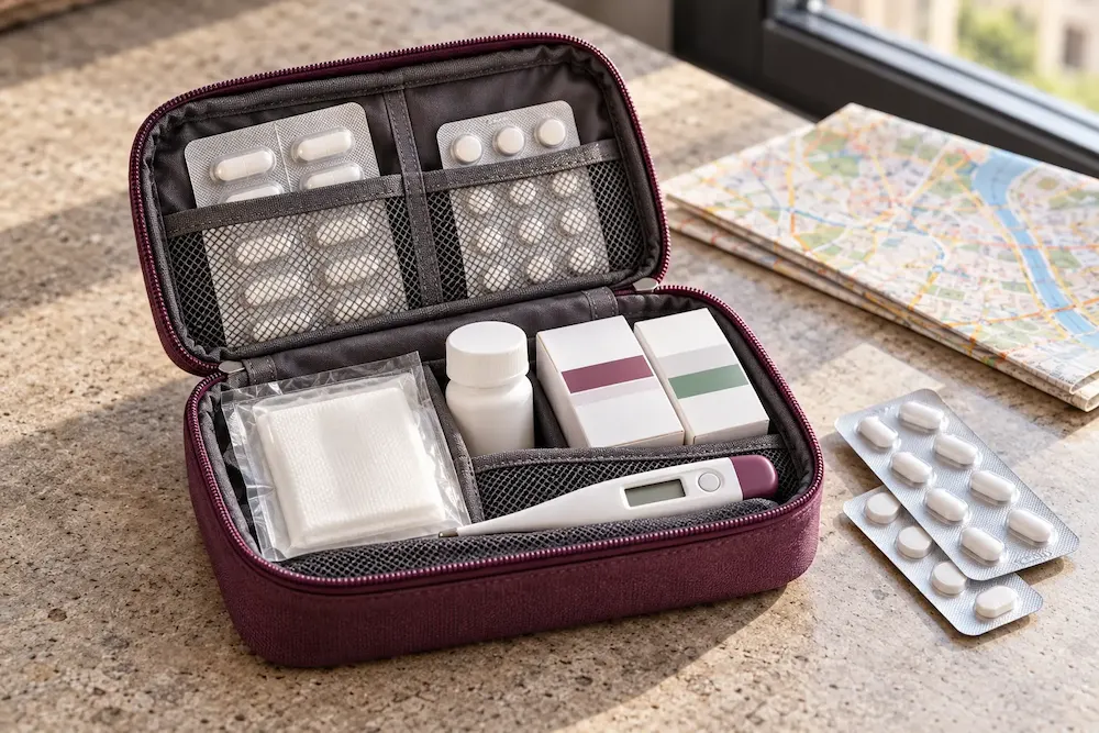 Reiseapotheke mit Medikamenten und Thermometer in einer kompakten Tasche.